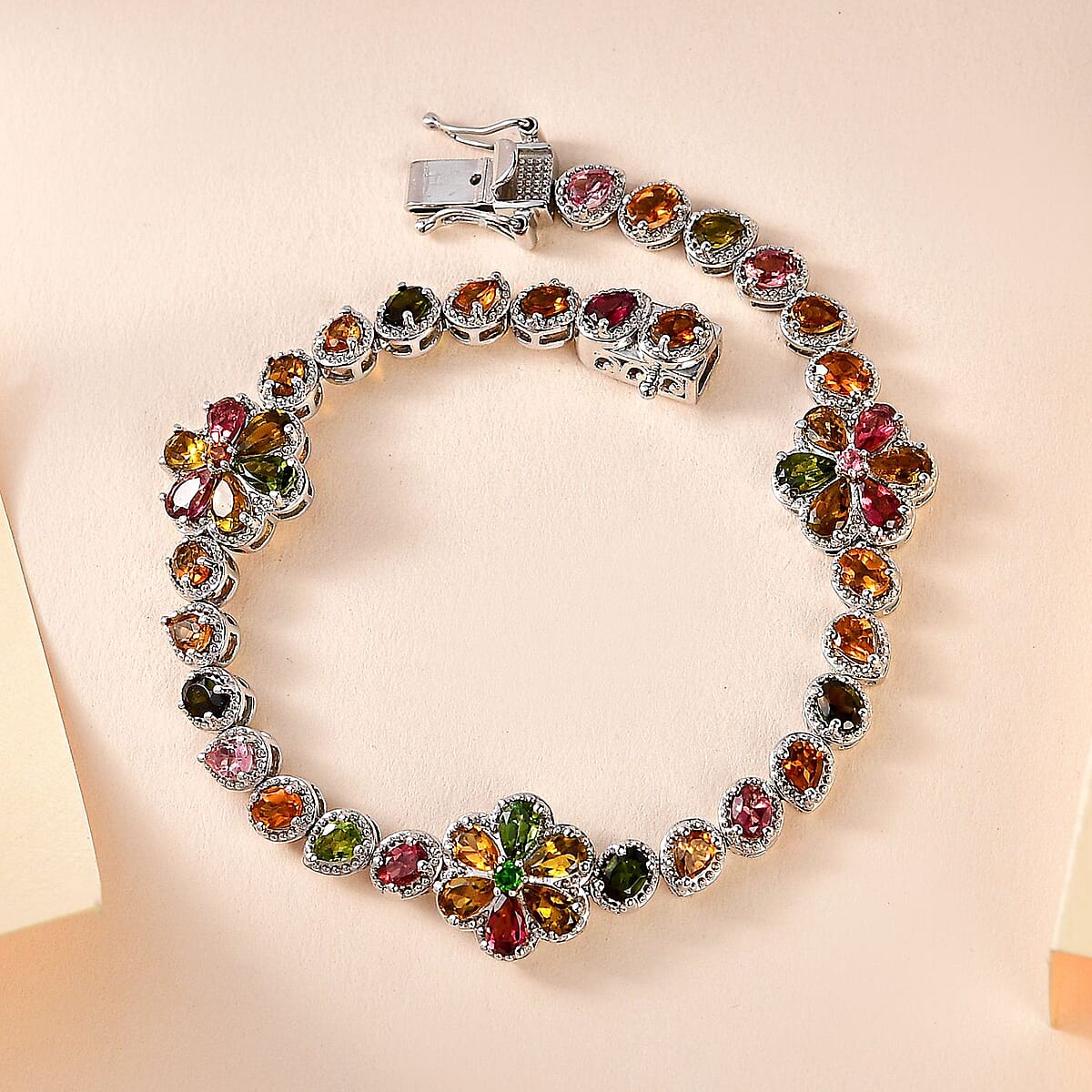 Multi-Tourmaline Floral Bracelet in Platinum Over Sterling Silver (7.25 In) 8.15 ctw image number 1