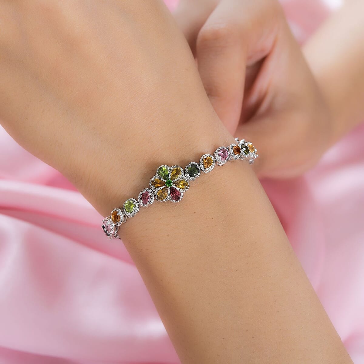 Multi-Tourmaline Floral Bracelet in Platinum Over Sterling Silver (7.25 In) 8.15 ctw image number 2