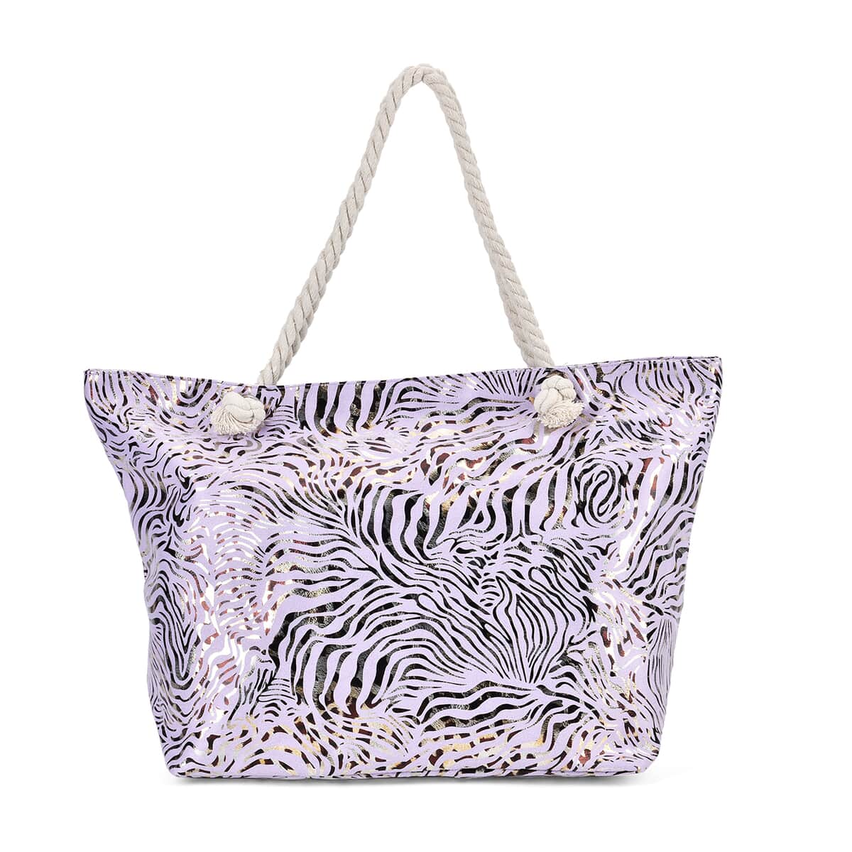 Purple Zebra Printed Polyester and Cotton Large Tote Bag with handle Drop image number 0