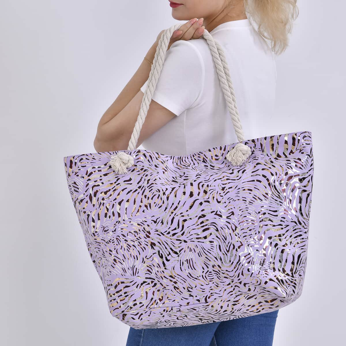 Purple Zebra Printed Polyester and Cotton Large Tote Bag with handle Drop image number 2