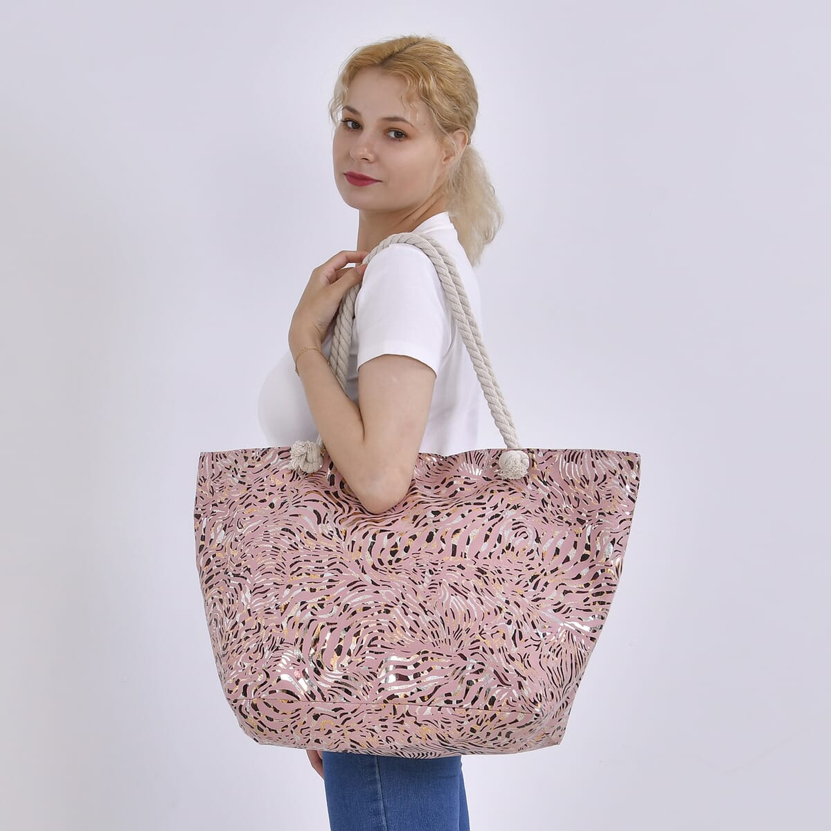 Pink Zebra Printed Polyester and Cotton Large Tote Bag with handle Drop image number 1