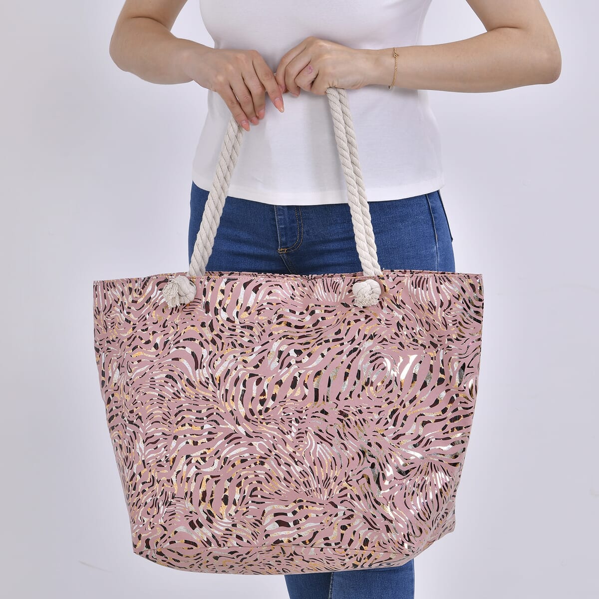 Pink Zebra Printed Polyester and Cotton Large Tote Bag with handle Drop image number 2