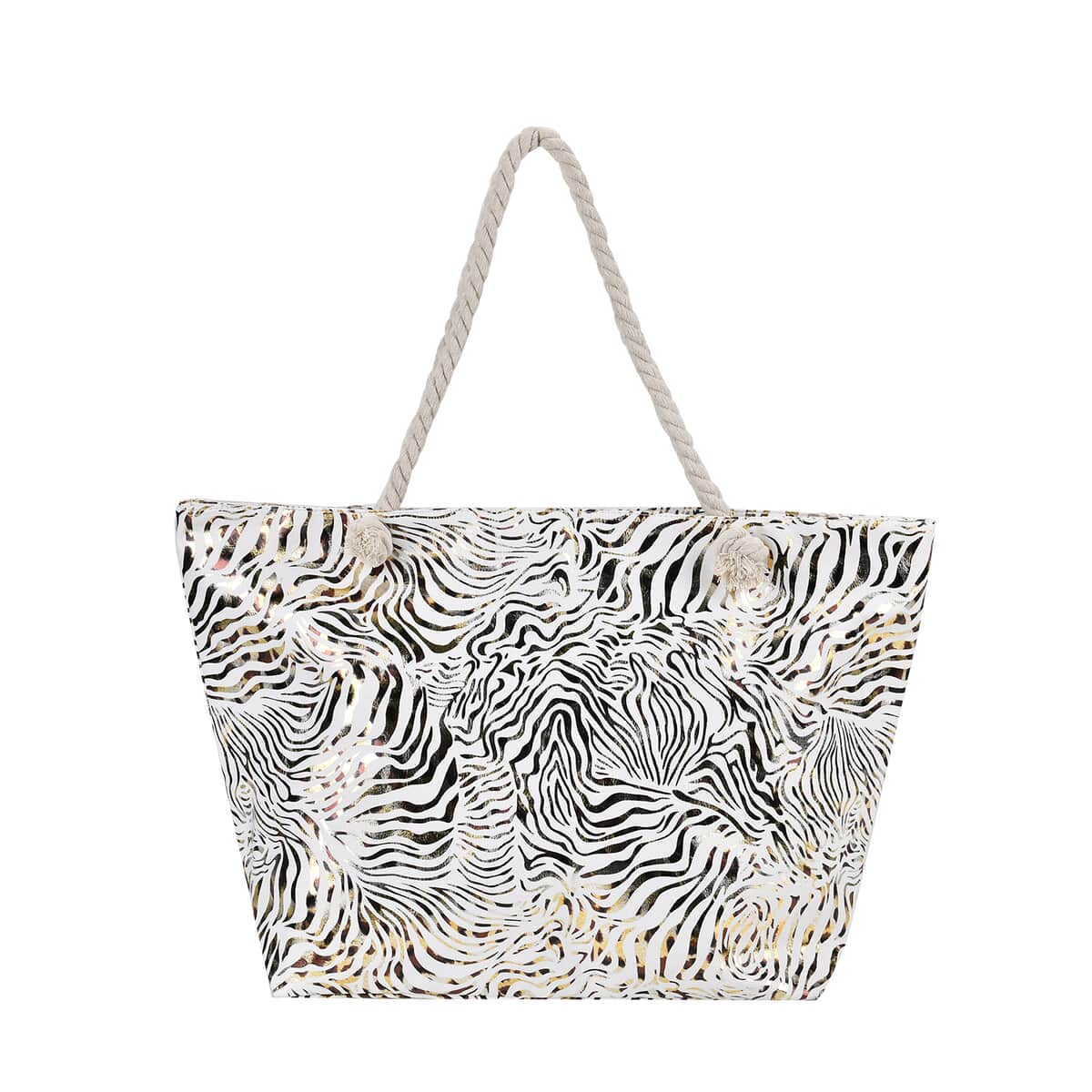 White Zebra Printed Polyester and Cotton Large Tote Bag with handle Drop image number 0