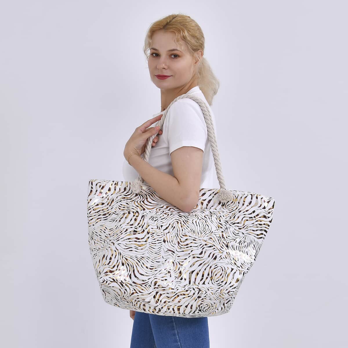 White Zebra Printed Polyester and Cotton Large Tote Bag with handle Drop image number 1