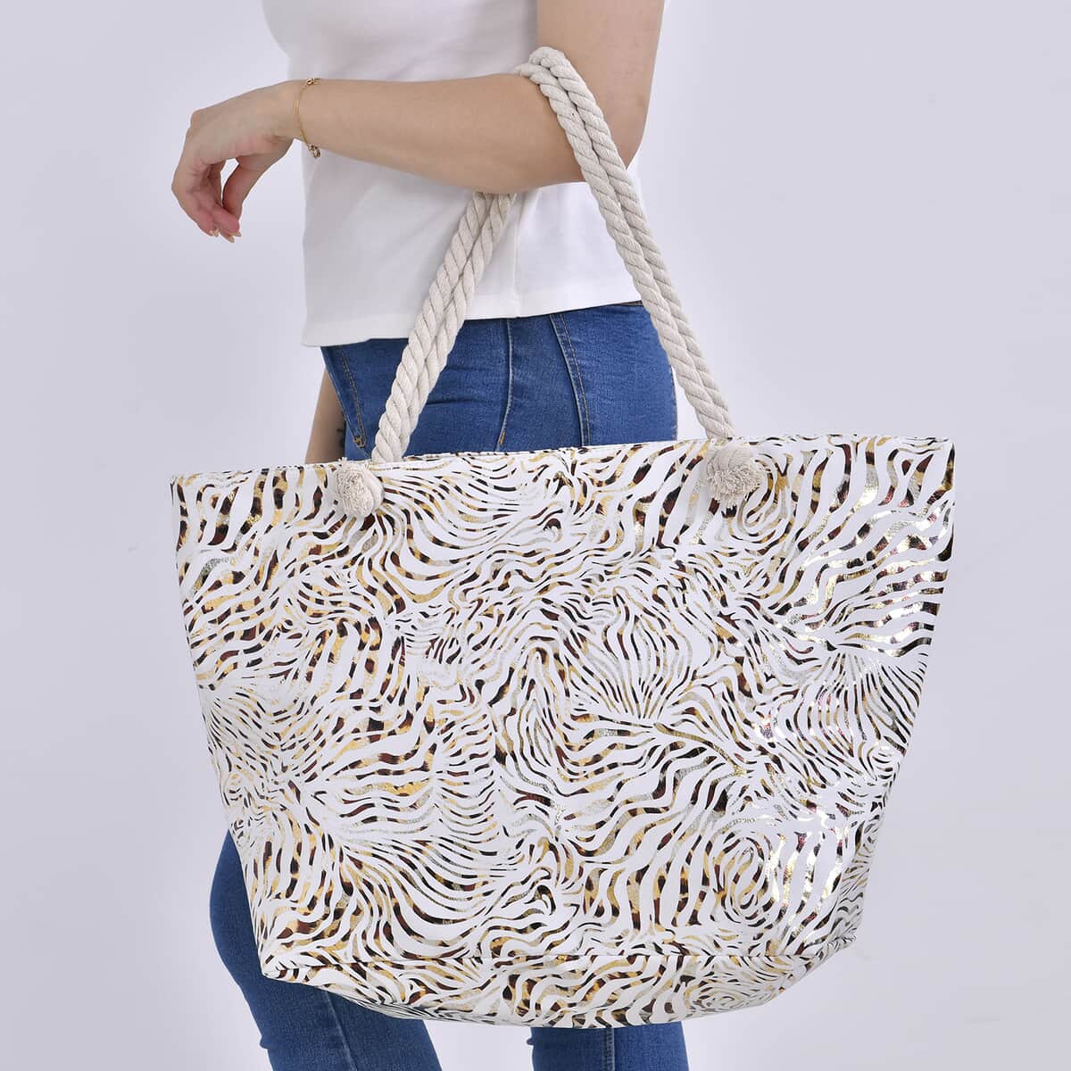 White Zebra Printed Polyester and Cotton Large Tote Bag with handle Drop image number 2