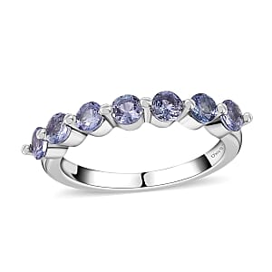 Tanzanite 7 Stone Ring in Platinum Over Sterling Silver (Size 10.0) 0.85 ctw