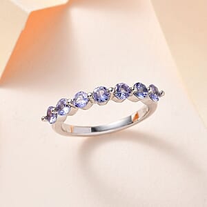 Tanzanite 7 Stone Ring in Platinum Over Sterling Silver (Size 10.0) 0.85 ctw