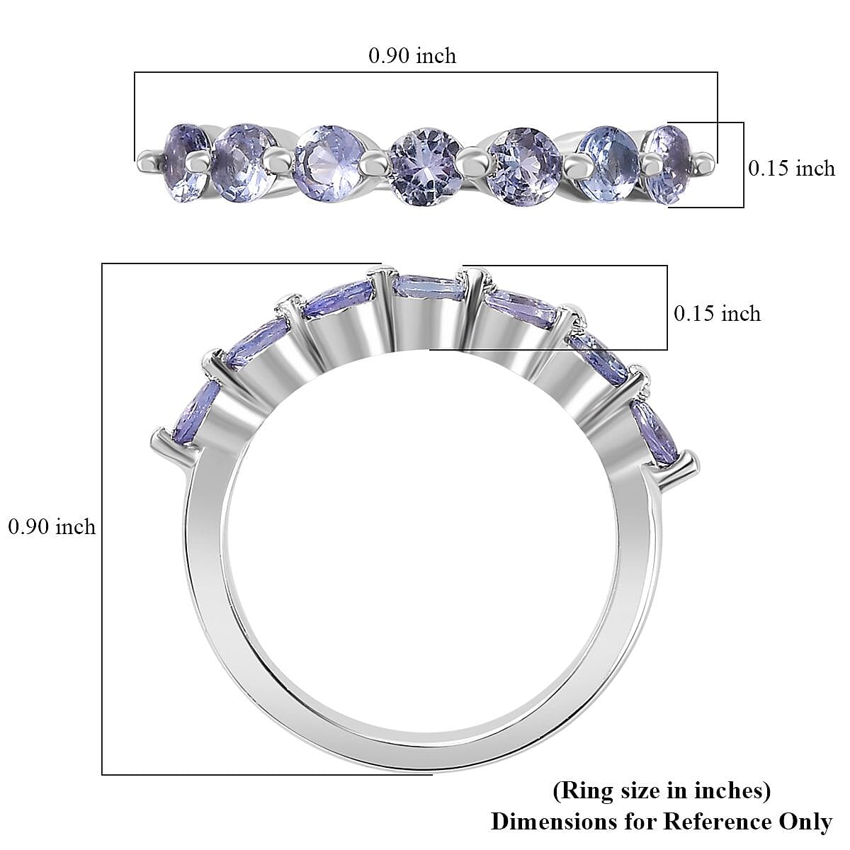 Tanzanite 7 Stone Ring in Platinum Over Sterling Silver (Size 10.0) 0.85 ctw