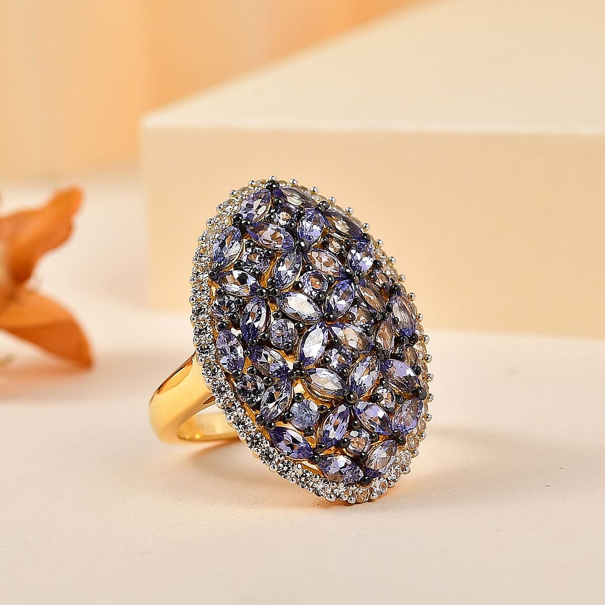 Tanzanite and White Zircon Cluster Ring in Vermeil Yellow Gold Over Sterling Silver (Size 9.0) 4.00 ctw image number 1