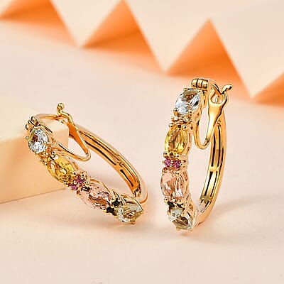 Multi Gemstone Hoop Earrings in Vermeil Yellow Gold Over Sterling Silver 3.40 ctw