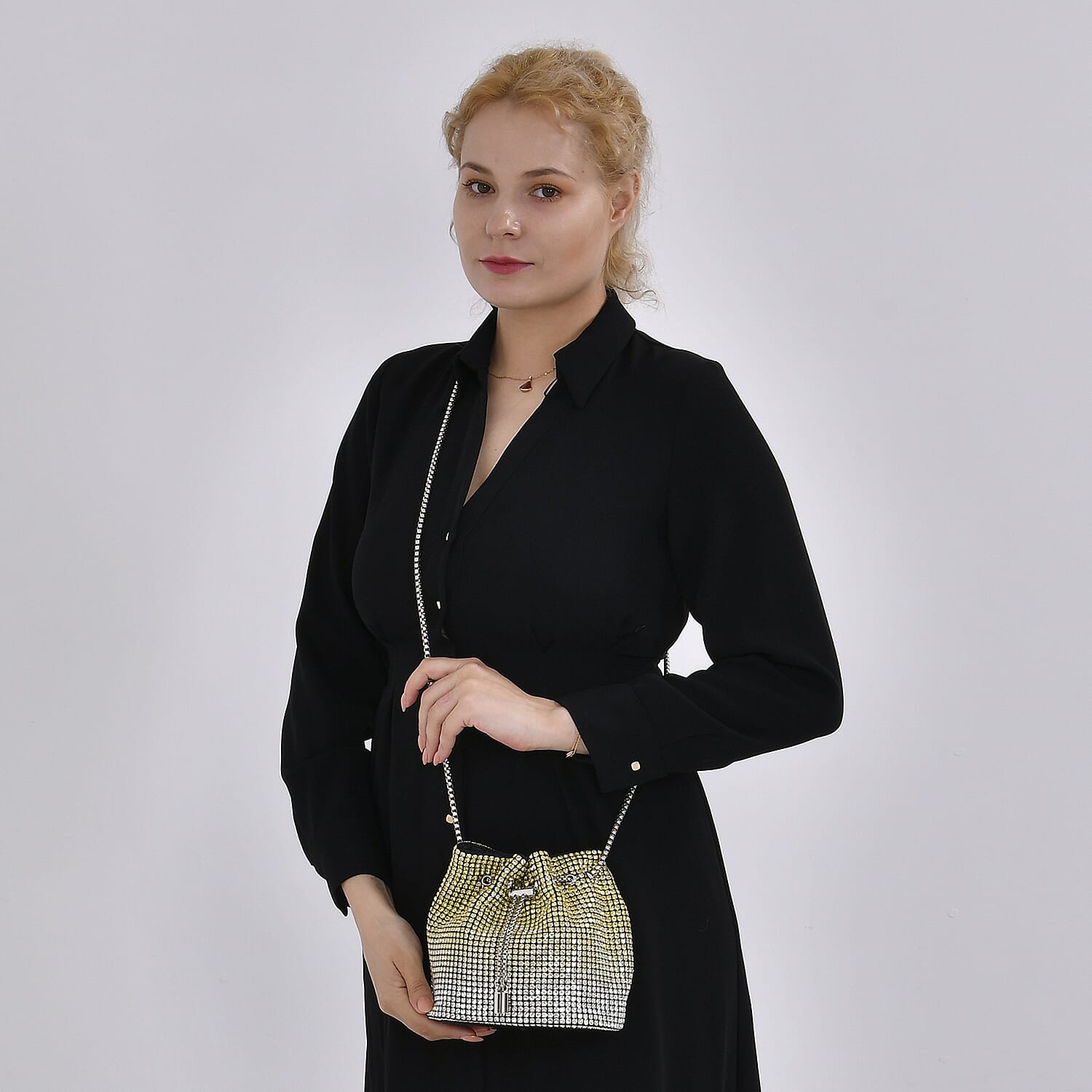Gradually Change Color Yellow Crystal Bucket Bag with Stainless Steel Strap