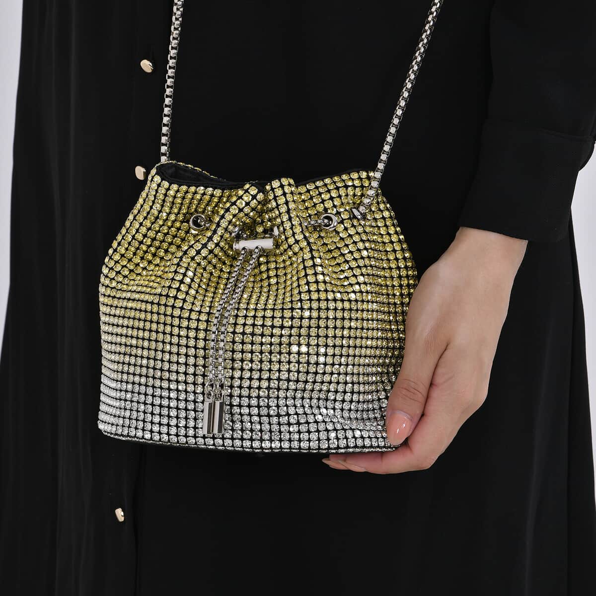 Gradually Change Color Yellow Crystal Bucket Bag (6.7"x4.3"x6.7") with Stainless Steel Strap image number 2