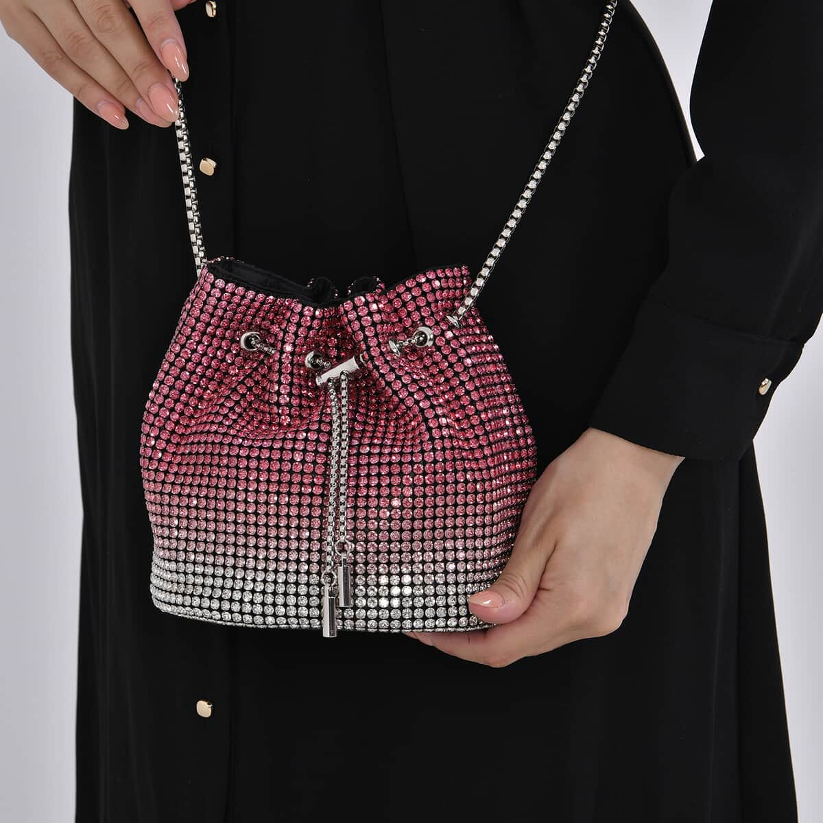 Gradually Change Color Red Crystal Bucket Bag with Stainless Steel Strap image number 2