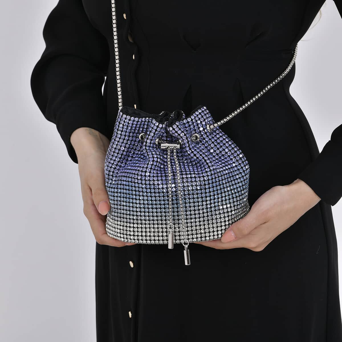 Gradually Change Color Blue Crystal Bucket Bag with Stainless Steel Strap image number 2