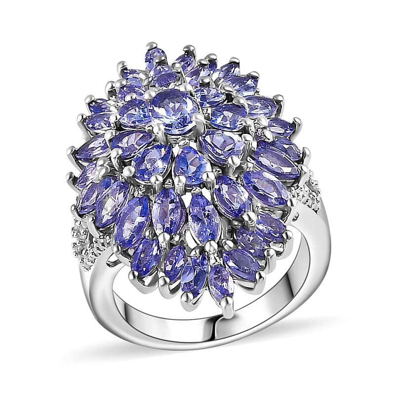 Tanzanite and White Zircon Dahlia Floral Spray Ring in Platinum Over Sterling Silver (Size 10.0) 5.10 ctw