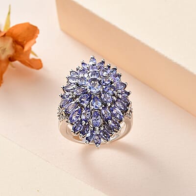 Tanzanite and White Zircon Dahlia Floral Spray Ring in Platinum Over Sterling Silver (Size 10.0) 5.10 ctw
