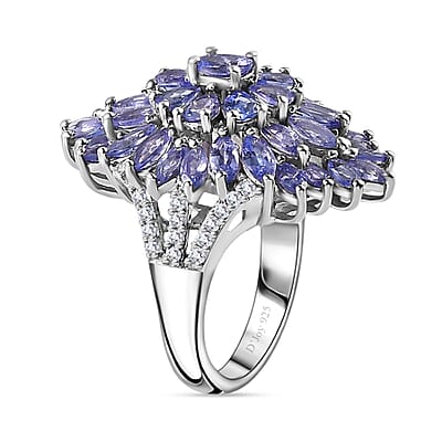 Tanzanite and White Zircon Dahlia Floral Spray Ring in Platinum Over Sterling Silver (Size 10.0) 5.10 ctw