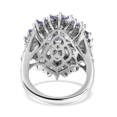 Tanzanite and White Zircon Dahlia Floral Spray Ring in Platinum Over Sterling Silver (Size 10.0) 5.10 ctw