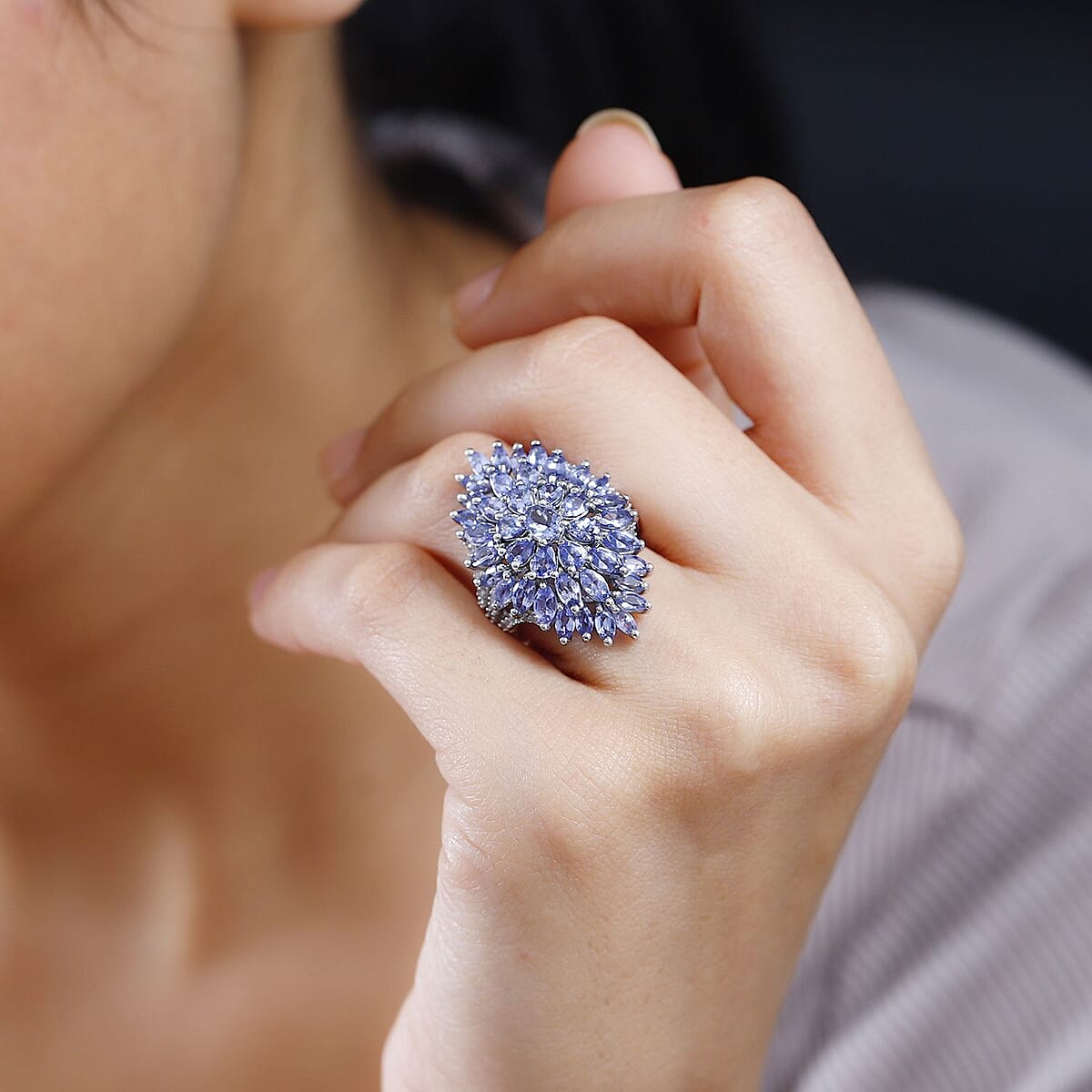 Tanzanite and White Zircon Dahlia Floral Spray Ring in Platinum Over Sterling Silver (Size 8.0) 5.10 ctw image number 2