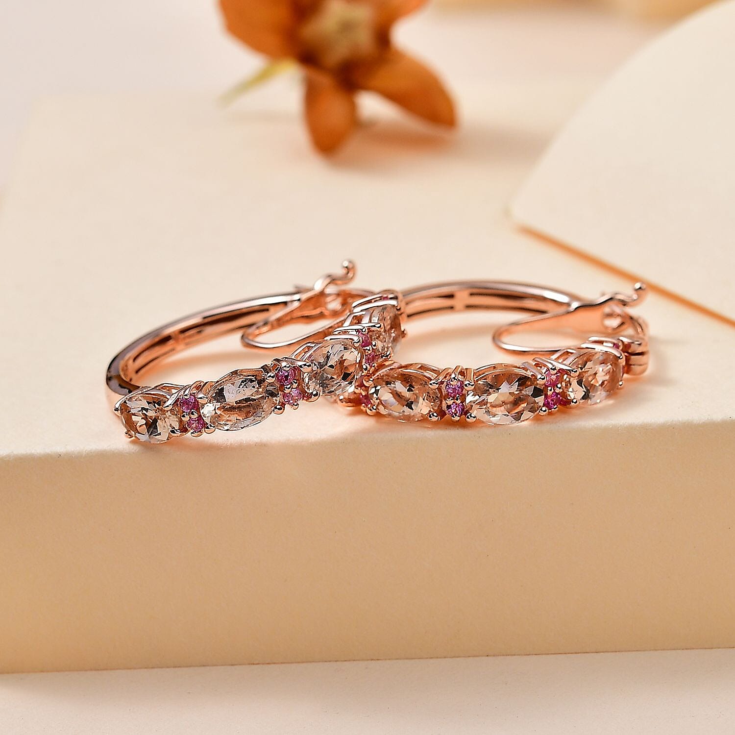 Premium Marropino Morganite and Madagascar Pink Sapphire Hoop Earrings in Vermeil Rose Gold Over Sterling Silver 3.50 ctw