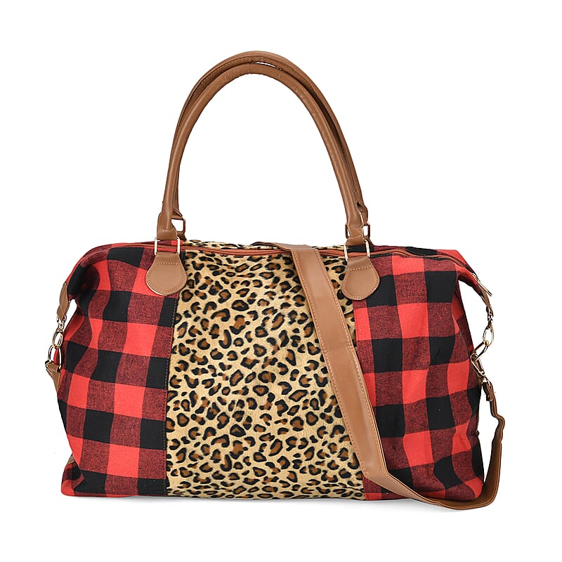 Red Checked with Leopard Print Travel Bag with Faux Leather Strap 47