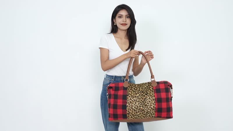 TLV Red Checked with Lepord Print Travel Bag (19.7"x6.3"x13.4") with Faux Leather Strap 47"