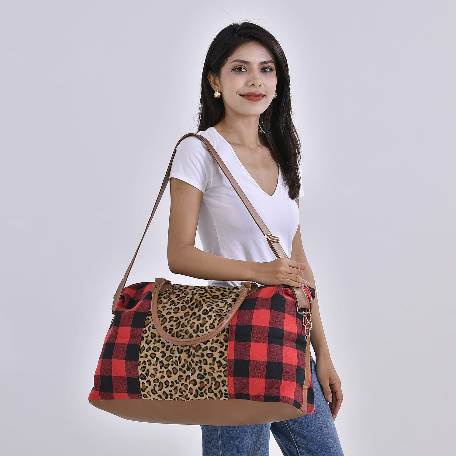 Red Checked with Leopard Print Travel Bag with Faux Leather Strap 47