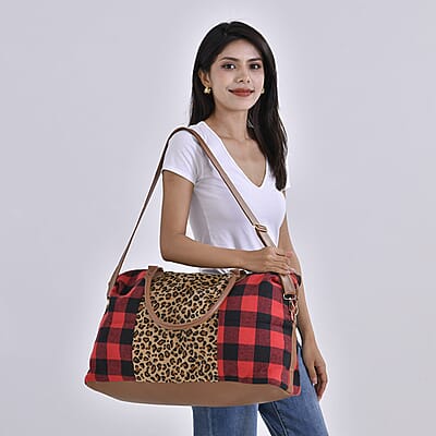 Red Checked with Leopard Print Travel Bag with Faux Leather Strap 47