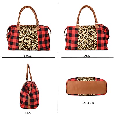 Red Checked with Leopard Print Travel Bag with Faux Leather Strap 47