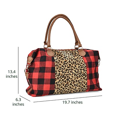 Red Checked with Leopard Print Travel Bag with Faux Leather Strap 47