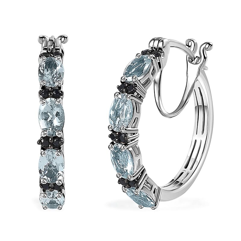 Premium Mangoro Aquamarine and Kanchanaburi Blue Sapphire Hoop Earrings in Platinum Over Sterling Silver 3.50 ctw