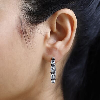 Premium Mangoro Aquamarine and Kanchanaburi Blue Sapphire Hoop Earrings in Platinum Over Sterling Silver 3.50 ctw
