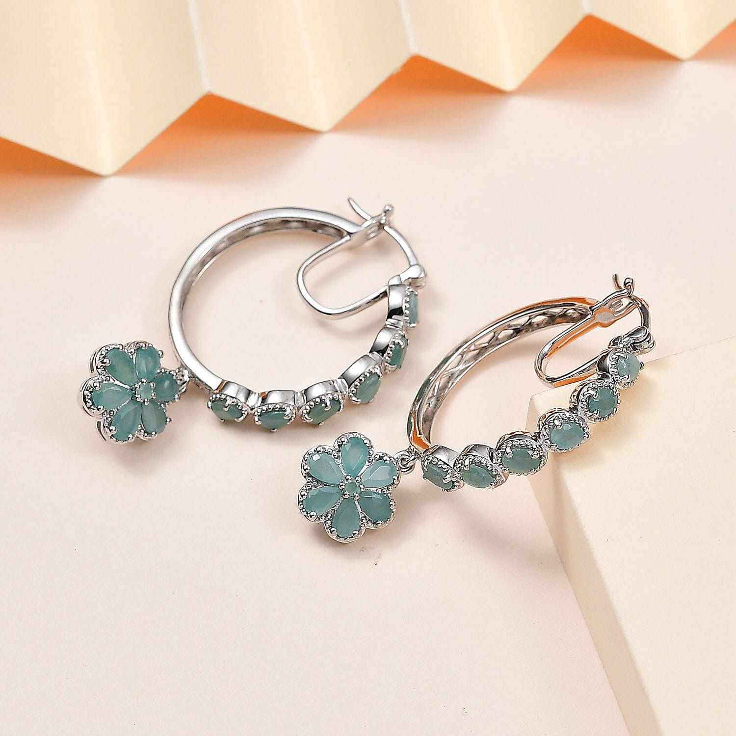D'Joy Grandidierite Floral Hoop Earrings in Platinum Over Sterling Silver 4.50 ctw