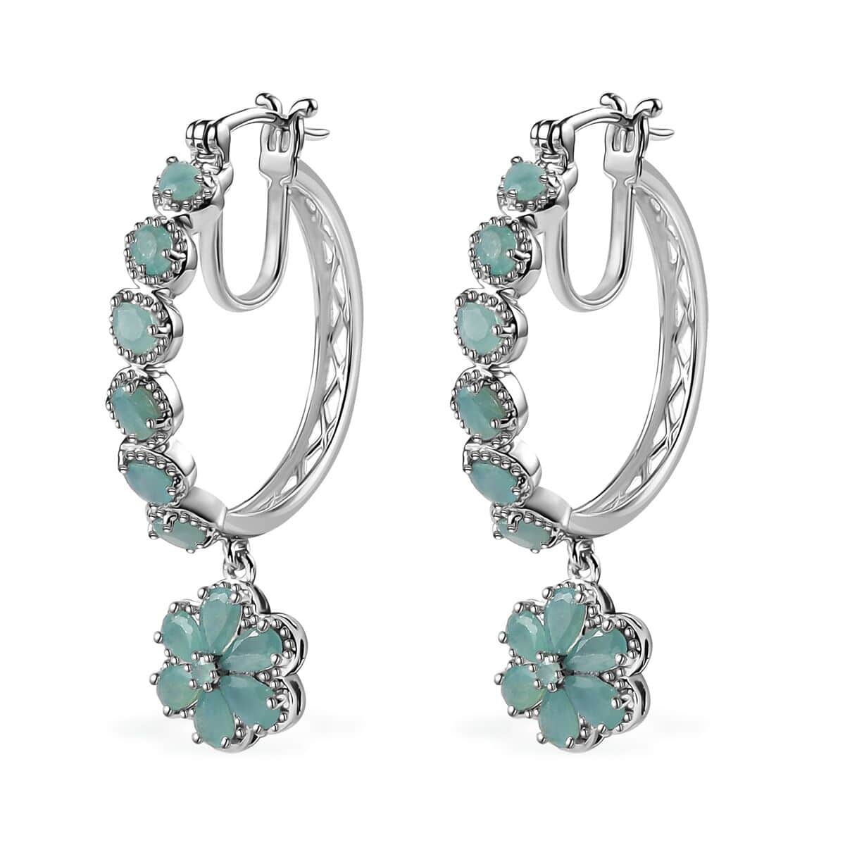 Grandidierite Floral Hoop Earrings in Platinum Over Sterling Silver 4.50 ctw image number 3