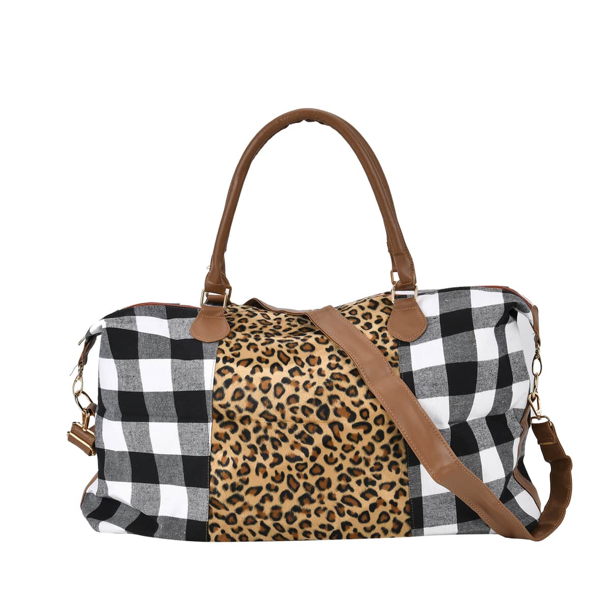 White Checked with Leopard Print Travel Bag with Faux Leather Strap 47 image number 0