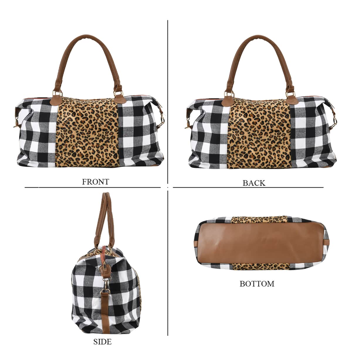 White Checked with Leopard Print Travel Bag with Faux Leather Strap 47 image number 3