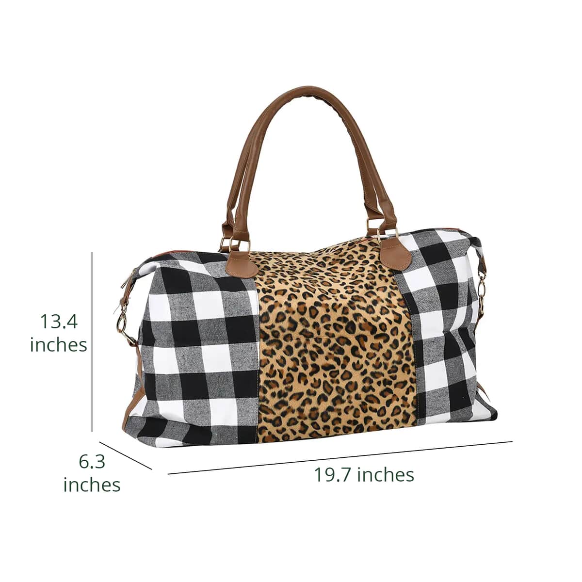 White Checked with Leopard Print Travel Bag with Faux Leather Strap 47 image number 6