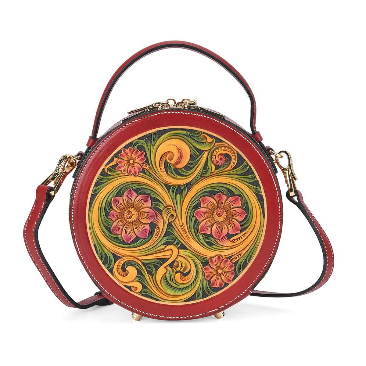 Grand Pelle Royal Collection Red with Multi Hand Engraving Flower Pattern Genuine Leather Crossbody Bag (7.5x3.5) with Shoulder Strap (55.11) image number 0