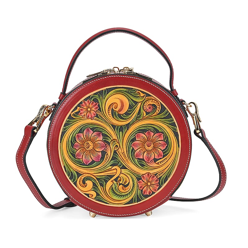 Grand Pelle Royal Collection Red with Multi Hand Engraving Flower Pattern Genuine Leather Round Crossbody Bag with Shoulder Strap