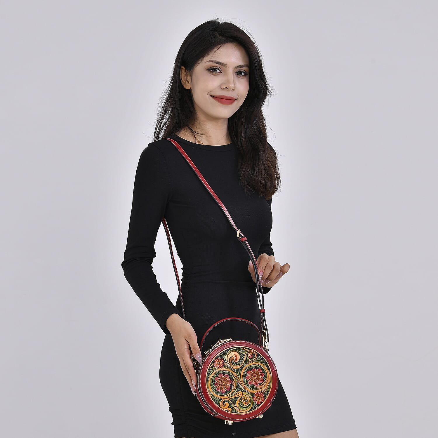 Grand Pelle Royal Collection Red with Multi Hand Engraving Flower Pattern Genuine Leather Round Crossbody Bag with Shoulder Strap