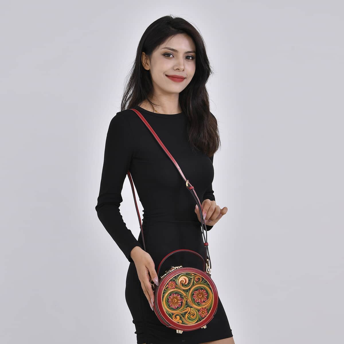 Grand Pelle Royal Collection Red with Multi Hand Engraving Flower Pattern Genuine Leather Crossbody Bag (7.5x3.5) with Shoulder Strap (55.11) image number 1