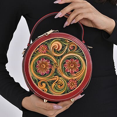 Grand Pelle Royal Collection Red with Multi Hand Engraving Flower Pattern Genuine Leather Round Crossbody Bag with Shoulder Strap