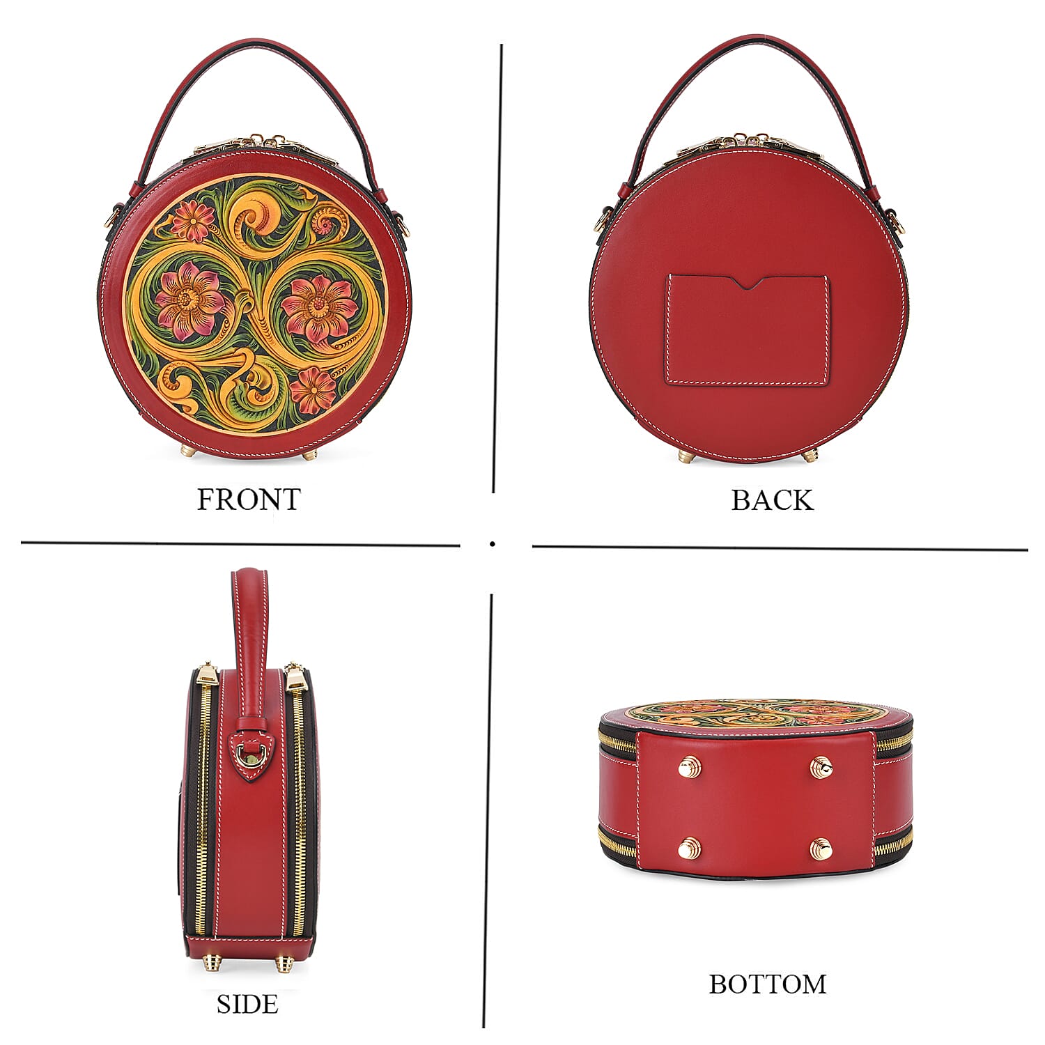 Grand Pelle Royal Collection Red with Multi Hand Engraving Flower Pattern Genuine Leather Round Crossbody Bag with Shoulder Strap