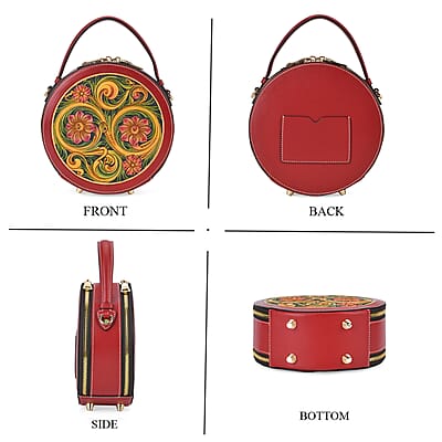 Grand Pelle Royal Collection Red with Multi Hand Engraving Flower Pattern Genuine Leather Round Crossbody Bag with Shoulder Strap