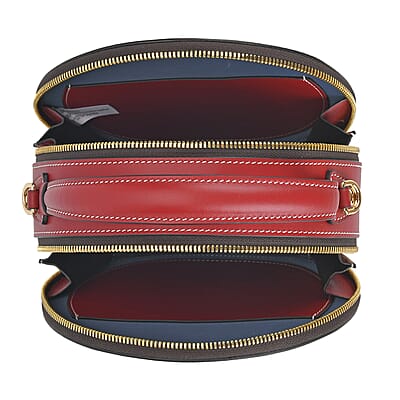 Grand Pelle Royal Collection Red with Multi Hand Engraving Flower Pattern Genuine Leather Round Crossbody Bag with Shoulder Strap