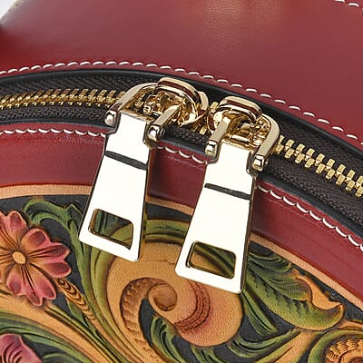Grand Pelle Royal Collection Red with Multi Hand Engraving Flower Pattern Genuine Leather Round Crossbody Bag with Shoulder Strap