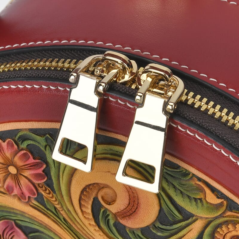 Grand Pelle Royal Collection Red with Multi Hand Engraving Flower Pattern Genuine Leather Round Crossbody Bag with Shoulder Strap