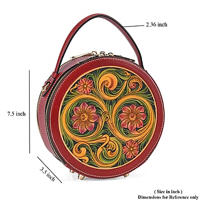 Grand Pelle Royal Collection Red with Multi Hand Engraving Flower Pattern Genuine Leather Round Crossbody Bag with Shoulder Strap