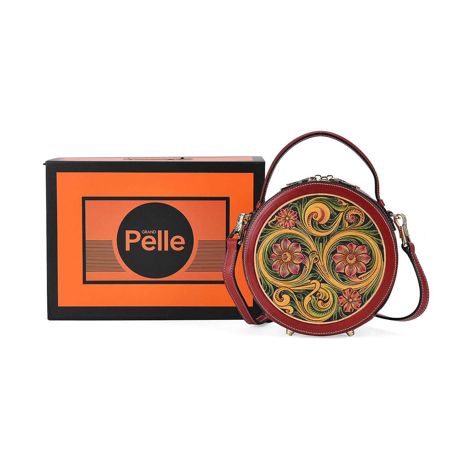 Grand Pelle Royal Collection Red with Multi Hand Engraving Flower Pattern Genuine Leather Round Crossbody Bag with Shoulder Strap