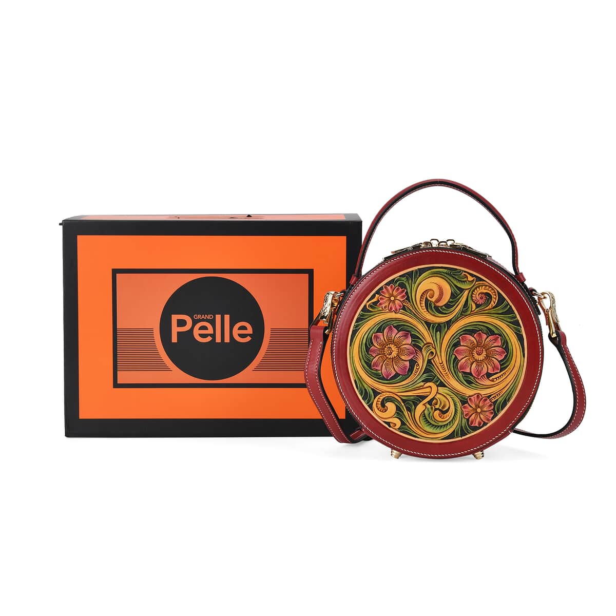 Grand Pelle Royal Collection Red with Multi Hand Engraving Flower Pattern Genuine Leather Crossbody Bag (7.5x3.5) with Shoulder Strap (55.11) image number 7